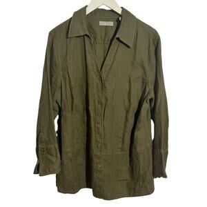 Kate Hill Top Women 16W Olive Green 100% Linen Lagenlook Minimal Modest Coastal